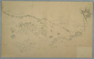 Desenho, vale arborizado com um grande feto e cordilheiras distantes, Jamaica, julho de 1865 de Frederic Edwin Church
