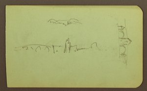 Desenho, colinas, igreja, ponte; Verso: figura, cruz, igreja, 1883 de Frederic Edwin Church