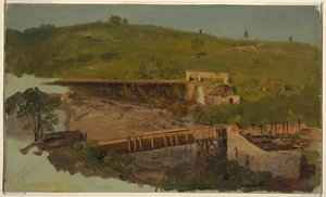 Colina com viadutos e moinhos em ruínas, perto de Catskill, Nova York de Frederic Edwin Church