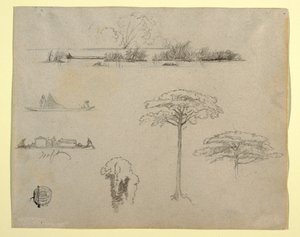 Esboços da Colômbia: paisagem fluvial, homens em jangadas e árvores de Frederic Edwin Church