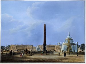 Vista do Obelisco de Luxor e das fontes, Place de la Concorde - em "Paris 1832" de Martens. Ed. Weith e Hauser.