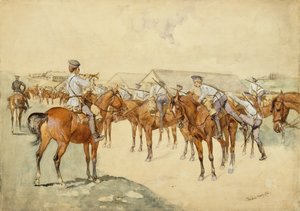Um Chamado às Armas (Dragões, Monte!) 1892-93 (wc, guache, caneta e tinta, lápis e bodycolour no papel) de Frederic Remington