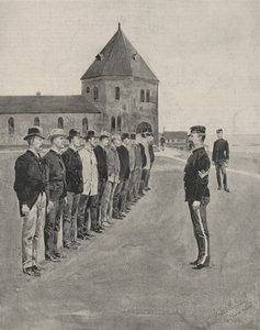 Uma primeira lição na arte da guerra. Recrutas para os dois regimentos de artilharia adicionais em Fort Slocum, Ilha Davids, Long Island Sound de Frederic Remington