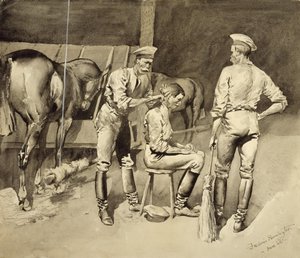 Um corte de cabelo num estábulo de cavalaria de Frederic Remington