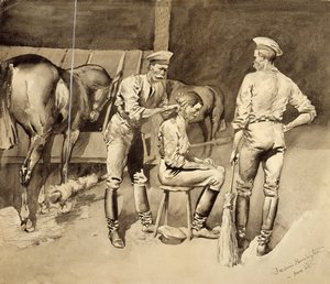 Um corte de cabelo em uma cavalaria estável, c.1893 (wc no papel) de Frederic Remington