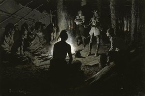 Conselho dos exploradores franceses com os índios de Frederic Remington