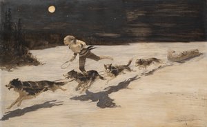 Cães "Huskie" na autoestrada gelada (Talking Musquash) de Frederic Remington