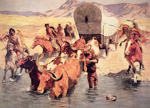 Índios atacando um comboio de vagões pioneiro (óleo sobre tela)