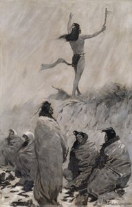 O Devorador de Fogo levantou os braços para o Thunder Bird, c. 1900. de Frederic Remington