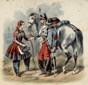 O exército francês e seus cantineiros: Hussard e cantiniere de troupe de line. Gravura de Frederic Sorrieu (1807 -? )