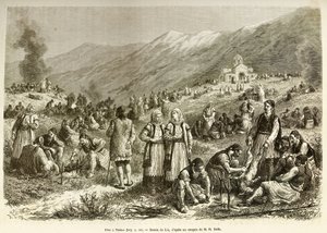 Um banquete em Tebas, o do careme da Virgem, reunindo todos os habitantes da cidade e arredores, cada família rouba uma ovelha para a ocasião, em primeiro plano, os homens preparam o bete antes de cozinhá-lo. Gravura depois do drawi de Frederic Theodore Lix
