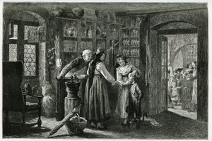 Na farmácia da aldeia de Kaysersberg (ou Kaisersberg, Alsácia), uma consulta de emergência. Gravura de F.Lix, para ilustrar a história "Through Alsace and Lorraine", em 1884, de Charles Grad (1842-1890), deputado alemão, escritor e naturalista. Pub de Frederic Theodore Lix