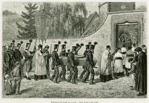 Enterro de um menor. Gravura de Lix, para ilustrar a história A Through Alsace and Lorraine, em 1887, de Charles Grad, deputado alemão, no tour du monde 1888, dirigido por Edouard Charton (1807-1890), Hachette, Paris. de Frederic Theodore Lix