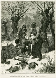Apanhar patos na rede. Gravura de Lix, para ilustrar a história A Through Alsace and Lorraine, em 1887, de Charles Grad, deputado alemão, no tour du monde 1888, dirigido por Edouard Charton (1807-1890), Hachette, Paris. de Frederic Theodore Lix