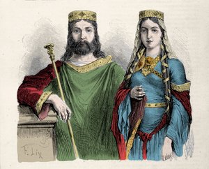 Clovis (481-511) rei dos Francos com sua segunda esposa, Santa Clotilde (Clothilde) rainha. Gravura de Lix.