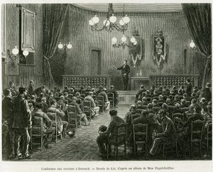 Conferência para os trabalhadores das oficinas Dollfus Mieg, em Dornach. Gravura de Lix para ilustrar a história A Through Alsace and Lorraine, de Charles Grad, deputado alemão, em 1885, no tour du monde 1886, dirigido por Edouard Charton (1807-1890), Hach de Frederic Theodore Lix
