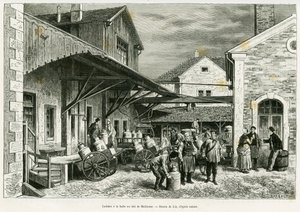 Laticínios no Milk Hall de Mulhouse. Gravura de Lix para ilustrar a história A travers l