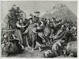Fete des patres no Hohneck (Vosges), domingo depois de São João. Gravura de F.Lix, para ilustrar a história "Through Alsace and Lorraine", em 1884, de Charles Grad (1842-1890), deputado alemão, escritor e naturalista. Publicado em Le Tour du monde, nouveau de Frederic Theodore Lix