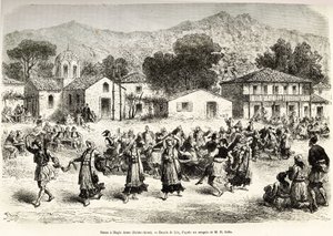 Dança folclórica na praça da aldeia Haggia Anna (St. Anne). Gravura após o desenho de Lix, para ilustrar a viagem na Grécia, de Henri Belle, em 1861-1868-1874, publicado em "Le tour du monde" 1876, editado por Edouard Charton, edição Hachette, Paris de Frederic Theodore Lix