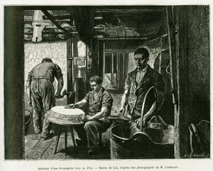 Dentro de uma fábrica de queijo. Gravura de Lix, para ilustrar a história A Through Alsace and Lorraine, de Charles Grad, deputado alemão, em 1885, no tour du monde 1887, sob a direção de Edouard Charton (1807-1890), Hachette, Paris.