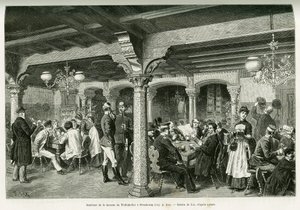 Interior da taverna Tiefenkeller em Estrasburgo. Gravura de Lix, para ilustrar a história A Through Alsace and Lorraine, em 1887, de Charles Grad, deputado alemão, no tour du monde 1888, dirigido por Edouard Charton (1807-1890), Hachette, Paris. de Frederic Theodore Lix
