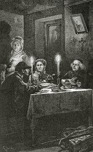 Jean Valjean é recebido e cuidado pelo Bispo Myriel, século XIX (gravura bw)