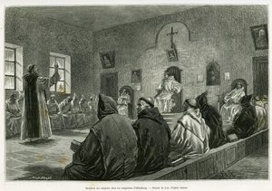 Reunião do capítulo entre os Trapistas de Oelenberg. Gravura de Lix para ilustrar a história A travers l