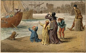 Canção popular: "A Nantes est arrive". As crianças choram o seu mar, levadas por um marinheiro. Ilustração (detalhe) de Frederic Theodore Lix (1830-1897) em "Chansons et rounds enfantines des provinces de la France". de Frederic Theodore Lix