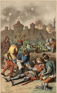 Canção popular: "Era o Grão-Duque do Maine". Morte do Duque do Maine, perfurado por uma flecha. Ilustração de Frederic Theodore Lix (1830-1897) em "Chansons et rounds enfantines des provinces de la France". de Frederic Theodore Lix