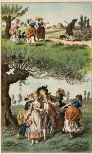 Canção popular: "Éramos três raparigas". Ilustração de Frederic Theodore Lix (1830-1897) em "Chansons et rounds enfantines des provinces de la France". de Frederic Theodore Lix