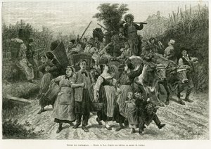 O regresso da colheita. Gravura de Lix, para ilustrar a história A Through Alsace and Lorraine, em 1887, de Charles Grad, deputado alemão, no tour du monde 1888, dirigido por Edouard Charton (1807-1890), Hachette, Paris. de Frederic Theodore Lix