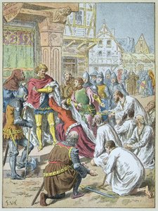 Sítio de Calais por Eduardo III em 1346 - 1347. A rainha Philippa de Hainaut implorou ao seu noivo para conceder o cerco aos burgueses de Calais. de Frederic Theodore Lix