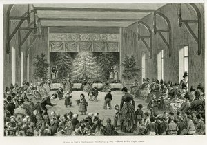 A árvore de Natal no estabelecimento Dietsch. Gravura de Lix, para ilustrar a história A Through Alsace and Lorraine, em 1887, de Charles Grad, deputado alemão, no tour du monde 1888, dirigido por Edouard Charton (1807-1890), Hachette, Paris. de Frederic Theodore Lix