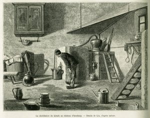 A destilação do kirsch no castelo de Isenburg. Gravura de Lix, para ilustrar a história A Through Alsace and Lorraine, em 1887, de Charles Grad, deputado alemão, no tour du monde 1888, dirigido por Edouard Charton (1807-1890), Hachette, Paris.