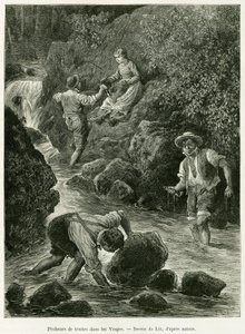 Pescadores de trutas nos Vosges. Gravura de Lix, para ilustrar a história A Through Alsace and Lorraine, de Charles Grad, deputado alemão, em 1885, no tour du monde 1887, sob a direção de Edouard Charton (1807-1890), Hachette, Paris.