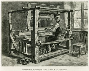 Weaver of the Liepvre Valley. Gravura de Lix, para ilustrar a história A Through Alsace and Lorraine, em 1887, de Charles Grad, deputado alemão, no tour du monde 1888, dirigido por Edouard Charton (1807-1890), Hachette, Paris.