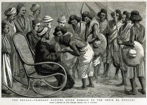 O Sudão: nativos amistosos em homenagem ao Sheik el Morgani, de &39;The Graphic&39;, 19 de abril de 1884 (gravura) de Frederic Villiers