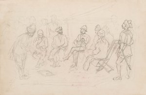 O encontro entre Cavagnari e o Khan de Lalpura em Dakka, em fevereiro de 1879 (lápis) de Frederic Villiers