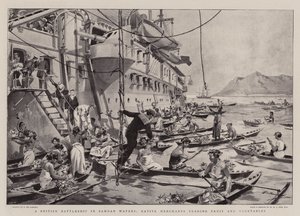 Um navio de guerra britânico em águas samoanas, comerciantes nativos de comércio de frutas e legumes