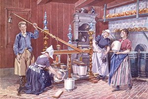 Produção de queijo na Holanda, c.1900 (cor litho) de Frederic de Haenen