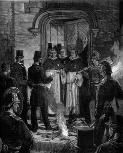 Expulsão dos dominicanos da Rue de Jean de Beauvais em Paris, na sequência dos decretos de Março de 1880 tomados por Jules Ferry e da supressão do direito de ensinar os membros das congregações religiosas não autorizadas: leitura do acto de notificação dos de Frederic de Haenen