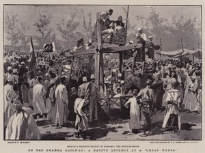 Na estrada de ferro de Uganda, uma tentativa nativa em uma grande roda de Frederic de Haenen