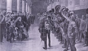 A Rainha Victoria inspecionando Colônias inválidas em St Georges Hall, Windsor, ilustração deApós Pretória: A Guerra da Guerrilha, 1902 de Frederic de Haenen