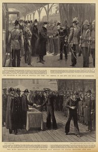 A partida do duque de Cornwall e York, a chegada do rei e da festa real em Portsmouth, o rei dando ordens e medalhas vitorianas aos oficiais e homens da Marinha de Frederic de Haenen