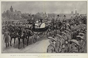 A Revisão dos Contingentes da Coroação Colonial na Parada da Guarda de Cavalos, a Carruagem da Rainha passando a linha