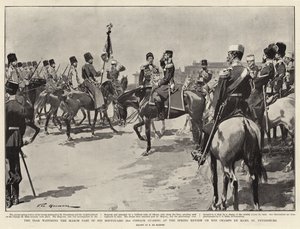 O czar assistindo o passado de março de sua guarda-costas (2 guardas cossacos) na revisão de primavera no Champs de Mars, São Petersburgo de Frederic de Haenen