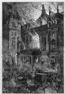 O incêndio do Teatro de Ópera Wiener em Viena (Áustria) a 5 de Dezembro de 1881. Gravura de De Haenen no "Le Monde Illustré" n°1291 de 24 de Dezembro de 1881.