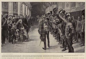Três elogios para a rainha, Sua Majestade inspecionando voluntários coloniais inválidos no Castelo de Windsor