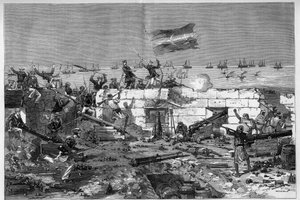 Tunísia, Julho de 1881: As tropas francesas tomaram a cidade de Stax após a revolta dos habitantes contra o protetorado francês da Tunísia. As espingardas dos fuzileiros navais retiraram a bateria circular. Gravura de De Haenen em "O Mundo Ilustrado" n°127 de Frederic de Haenen