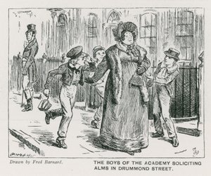 Os rapazes da Wellington House Academy a pedir esmolas na Drummond Street (gravura) de Frederick (after) Barnard